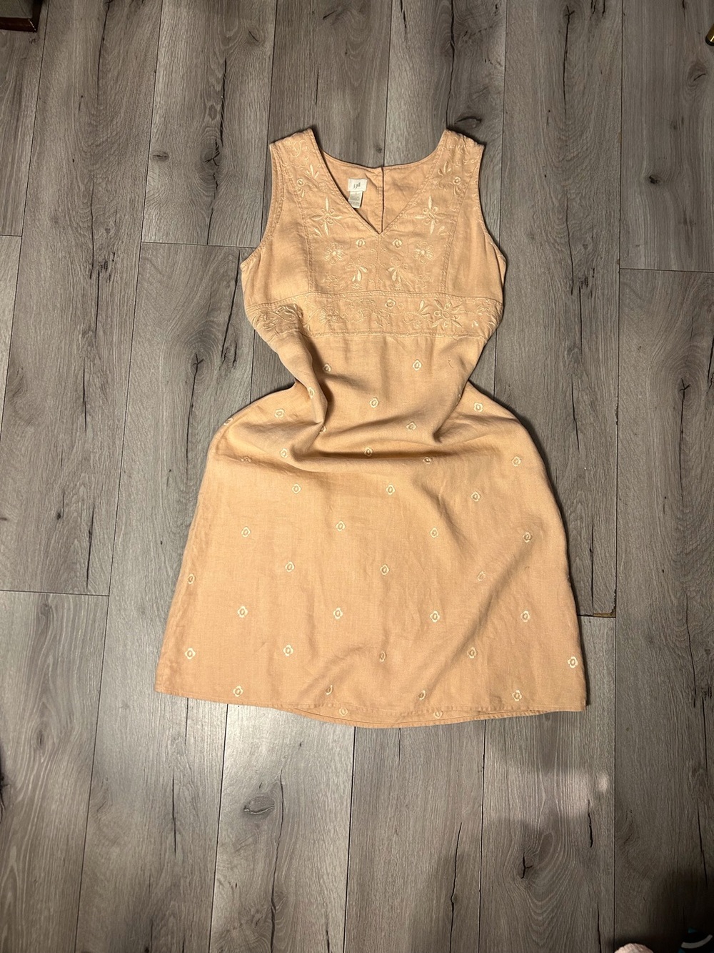 100% Linen Peach Knee Length Tank Dress Small Embroidered Imperial Waist Boho